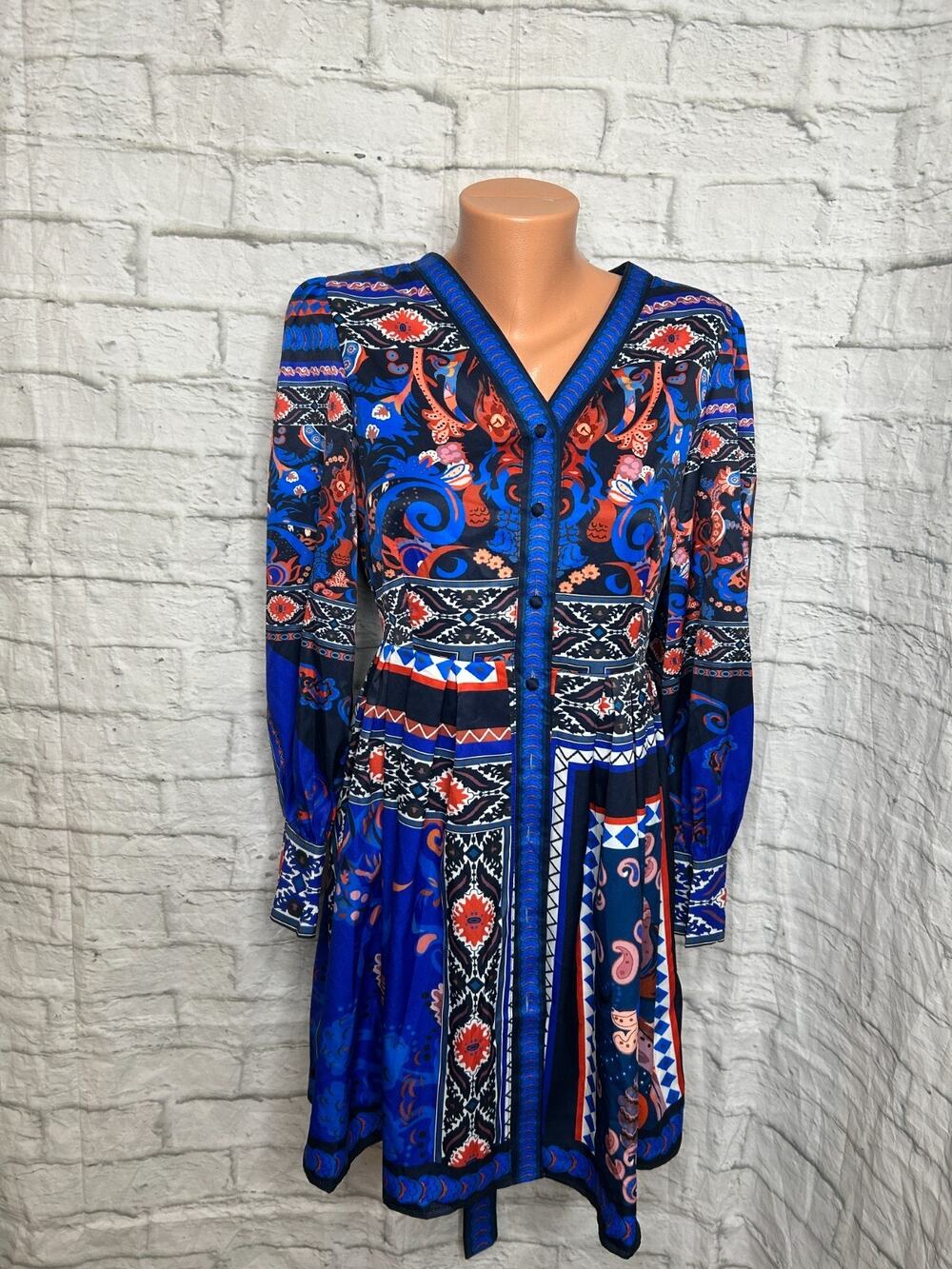 Dalia Macphee Tile Print Border Blue Mini Dress Size M